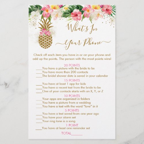 Pineapple Floral Whats In Your Phone Bridal Game