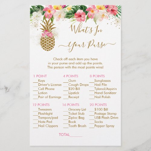 Pineapple Floral Whats In Your Purse Bridal Game