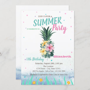 Pineapple Flowers Seashells Birthday Party Invitation