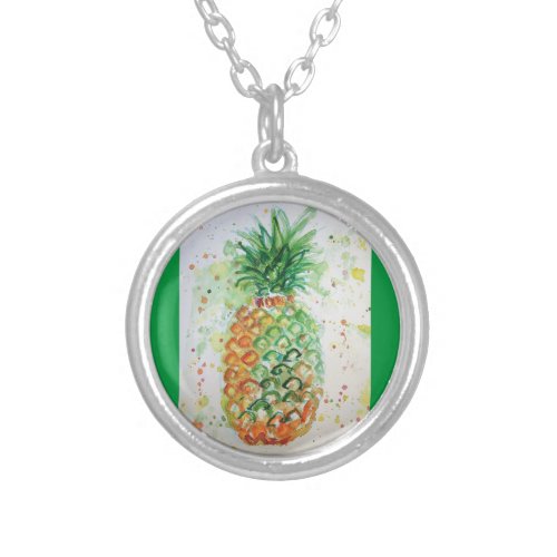 Pineapple Fruit Food Tropical Art Orange Lime Cute Silver Plated Necklace