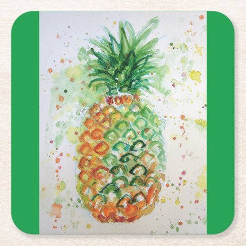 Pineapple Fruit Food Tropical Art Orange Lime Cute Square Paper Coaster