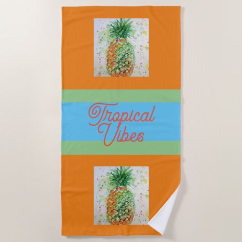 Pineapple Fruit Food Tropical Vibes Orange Lime Beach Towel