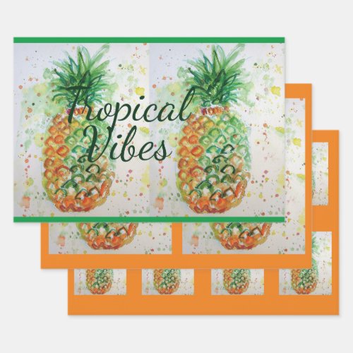 Pineapple Fruit Food Tropical Vibes Orange Lime Wrapping Paper Sheets