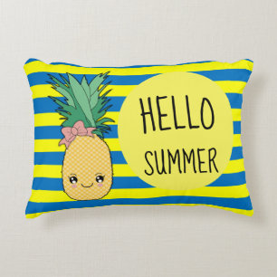 Pineapple Fruit Kawaii Hello Summer Blue Stripe Accent Pillow