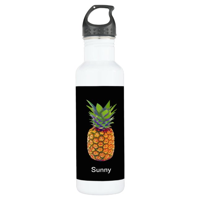 Pineapple Fruit on Black Stainless Steel Water Bottle (Front)