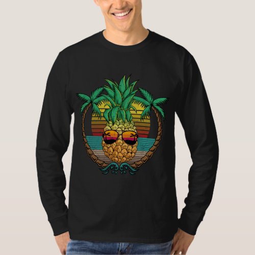 Pineapple Fruit With Sunglasses Summer Beach Palms T_Shirt