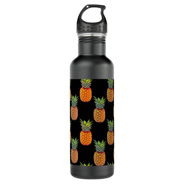 Pineapple Fruits on Black Stainless Steel Water Bottle (Front)