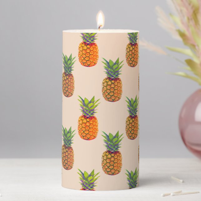 Pineapple Fruits on Light Champagne Beige Pillar Candle (In Situ)