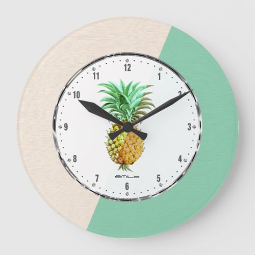 PineApple   Geometric Beige  Green Linen Large Clock