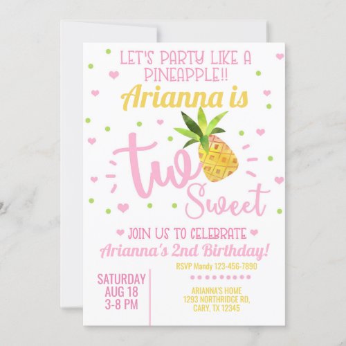 Pineapple girl 2nd second birthday invite invitation