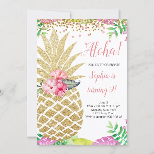 Pineapple Girl Birthday Aloha Hawaii Summer Invitation