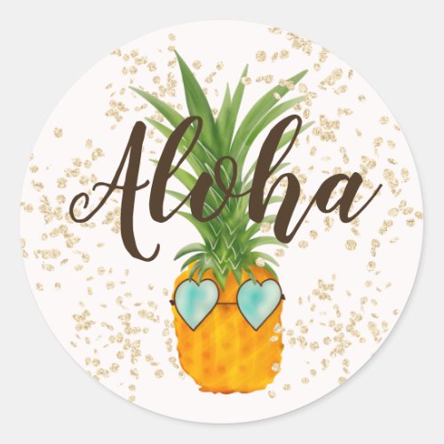 Pineapple gold glitter Aloha baby shower Classic Round Sticker