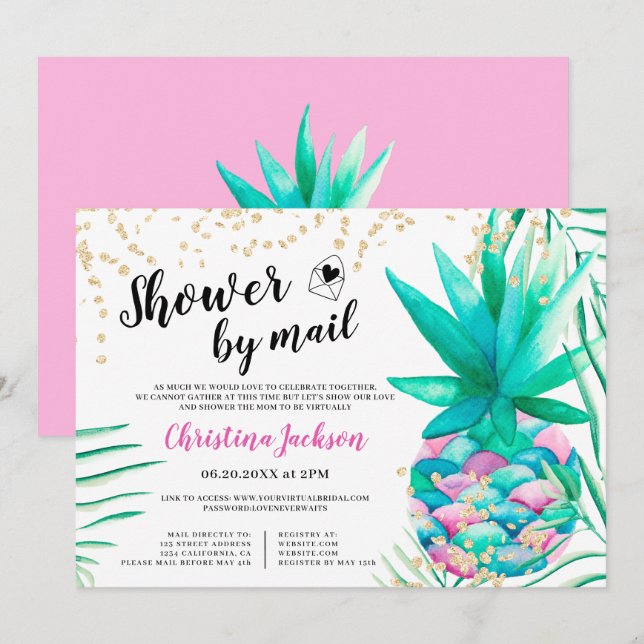 Pineapple gold glitter watercolor shower by mail invitation (Front/Back)