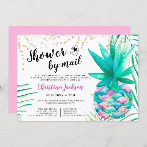 Pineapple gold glitter watercolor shower by mail invitation