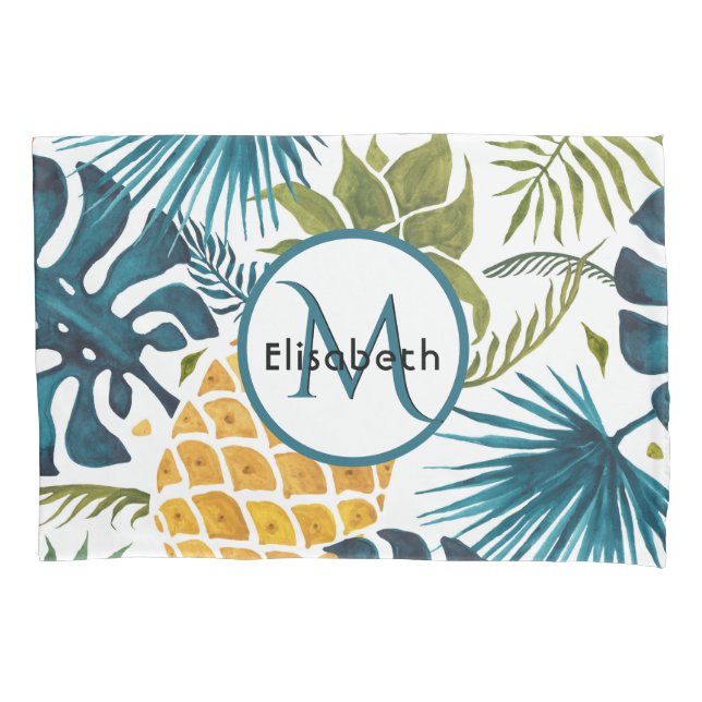 Pineapple gold palm leaves  monogram pillow case (Front)