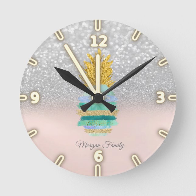 Pineapple Green Glitter Silver Glitter Bokeh  Round Clock (Front)