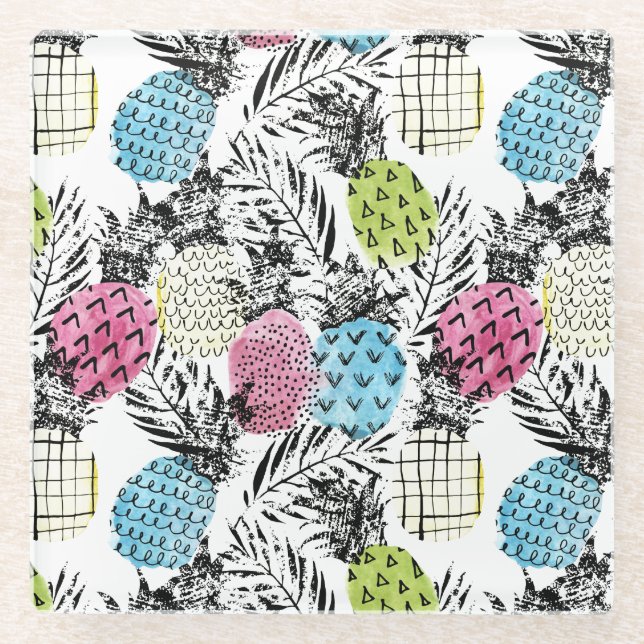 Pineapple Grunge Palms Glass Coaster (Front)