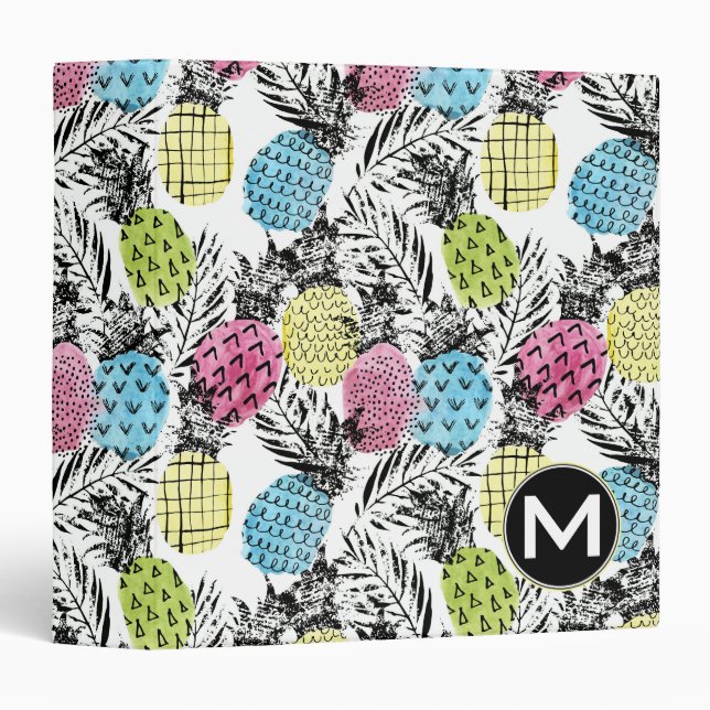 Pineapple Grunge Palms | Monogram 3 Ring Binder (Front/Spine)