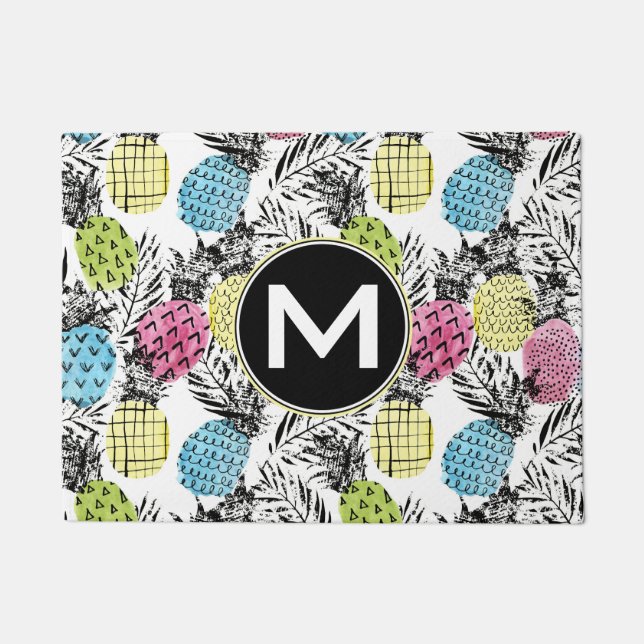 Pineapple Grunge Palms | Monogram Doormat (Front)
