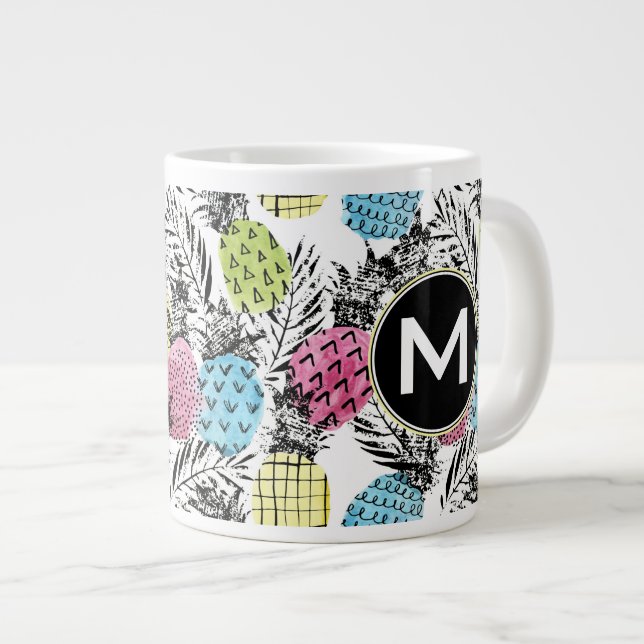 Pineapple Grunge Palms | Monogram Giant Coffee Mug (Front Right)