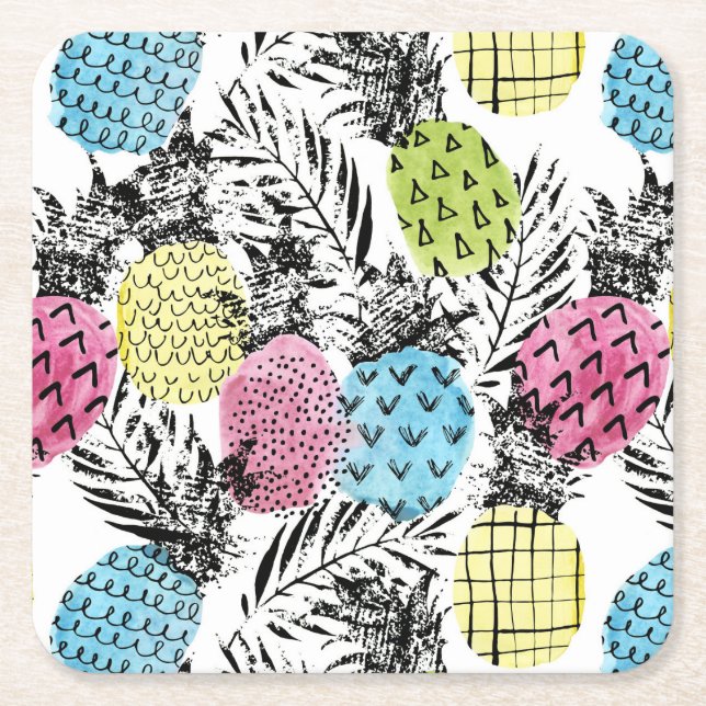 Pineapple Grunge Palms Square Paper Coaster (Front)