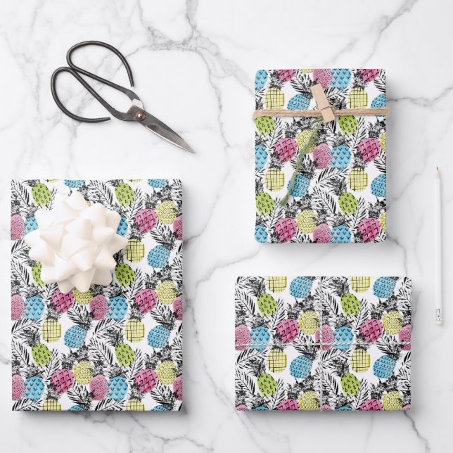 Pineapple Grunge Palms Wrapping Paper Sheets (Front)