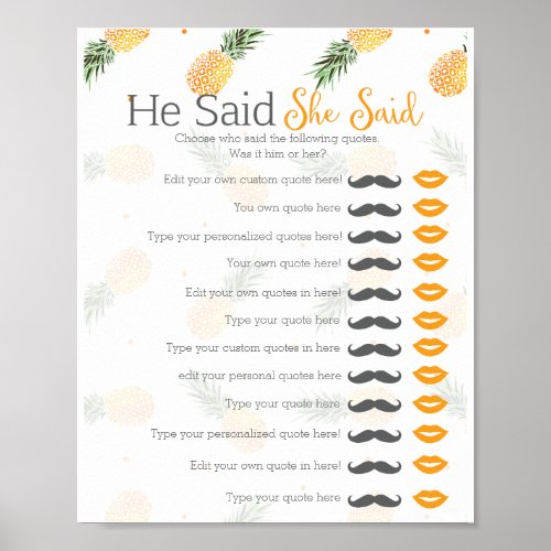 Pineapple he said she said bridal shower game poster