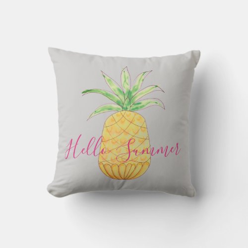 Pineapple Hello Summer Gray Yellow Watercolor  Outdoor Pillow