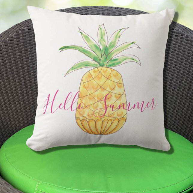 Pineapple Hello Summer Yellow Pink Watercolor Outdoor Pillow (Creator Uploaded)