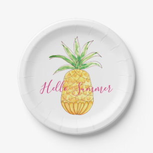 Pineapple Hello Summer Yellow Pink Watercolor Paper Plates