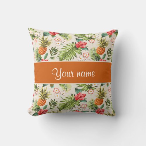 Pineapple Hibiscus and Palm Fronds Throw Pillow