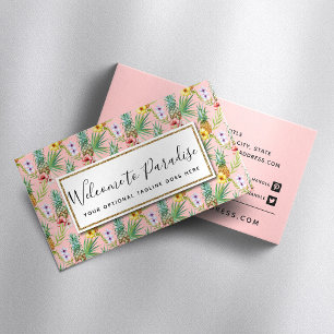 Pineapple & Hibiscus Flowers Watercolor Tropical Business Card
