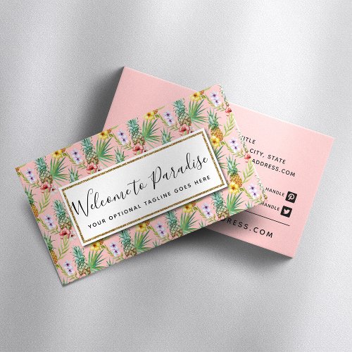 Pineapple  Hibiscus Flowers Watercolor Tropical Business Card