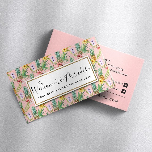 Pineapple & Hibiscus Flowers Watercolor Tropical Business Card (Creator Uploaded)