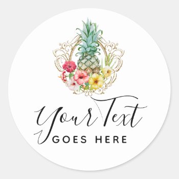 Pineapple & Hibiscus Flowers Watercolor Tropical Classic Round Sticker by CyanSkyDesign at Zazzle
