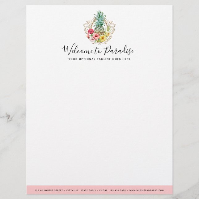 Pineapple & Hibiscus Flowers Watercolor Tropical Letterhead (Front)