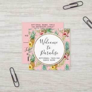 Pineapple & Hibiscus Flowers Watercolor Tropical Square Business Card