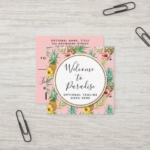 Pineapple  Hibiscus Flowers Watercolor Tropical Square Business Card