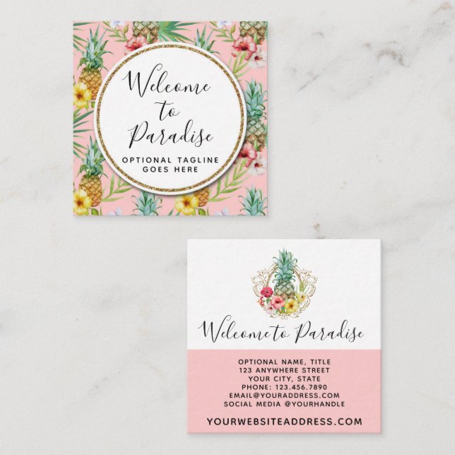 Pineapple & Hibiscus Flowers Watercolor Tropical Square Business Card (Front/Back)