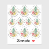 Pineapple & Hibiscus Flowers Watercolor Tropical Sticker