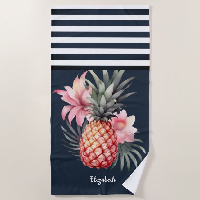  Pineapple Hibiscus  Nautical Navy Blue Striped   Beach Towel (Front)