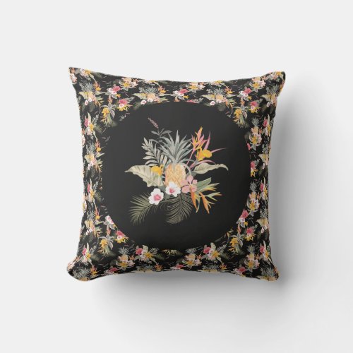 Pineapple Hibiscus Tropical Black Outdoor Pillow
