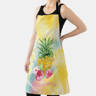 Pineapple,Hibiscus Watercolor Rainbow Tie Dye Apron