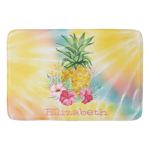  PineappleHibiscus Watercolor Rainbow Tie Dye   Bath Mat