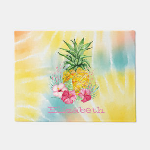 Pineapple,Hibiscus Watercolor Rainbow Tie Dye Doormat
