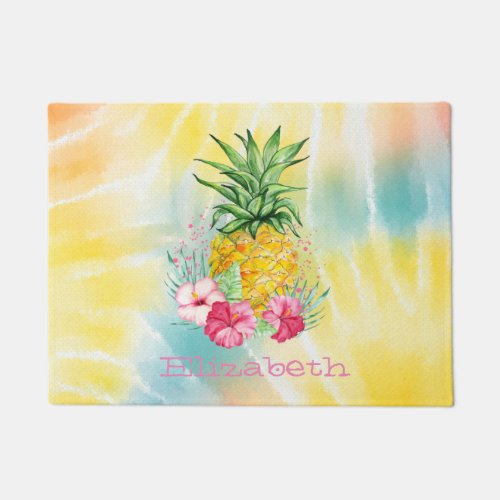  PineappleHibiscus Watercolor Rainbow Tie Dye   Doormat