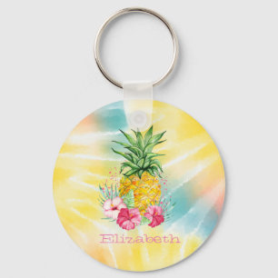  Pineapple,Hibiscus Watercolor Rainbow Tie Dye  Keychain