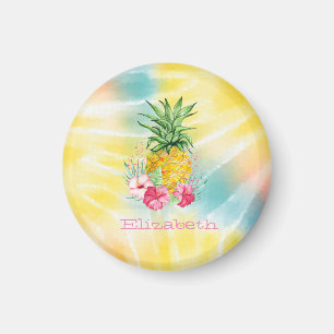 Pineapple,Hibiscus Watercolor Rainbow Tie Dye Magnet