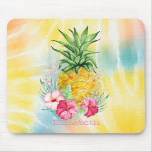 Pineapple,Hibiscus Watercolor Rainbow Tie Dye Mouse Pad