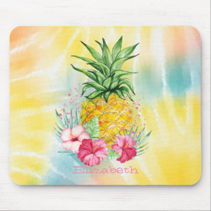  Pineapple,Hibiscus Watercolor Rainbow Tie Dye   Mouse Pad